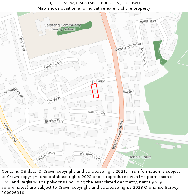 3, FELL VIEW, GARSTANG, PRESTON, PR3 1WQ: Location map and indicative extent of plot