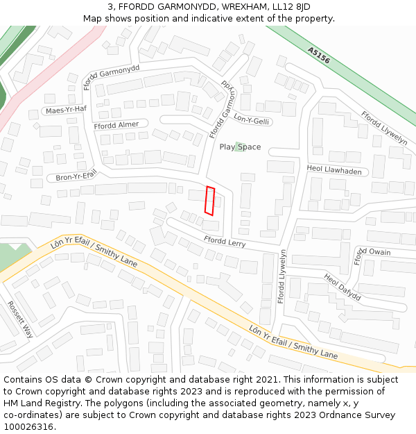 3, FFORDD GARMONYDD, WREXHAM, LL12 8JD: Location map and indicative extent of plot