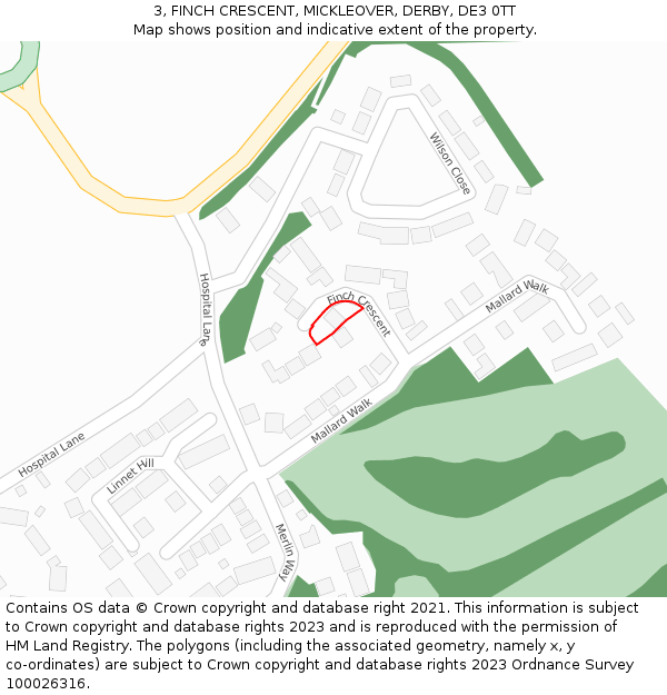3, FINCH CRESCENT, MICKLEOVER, DERBY, DE3 0TT: Location map and indicative extent of plot