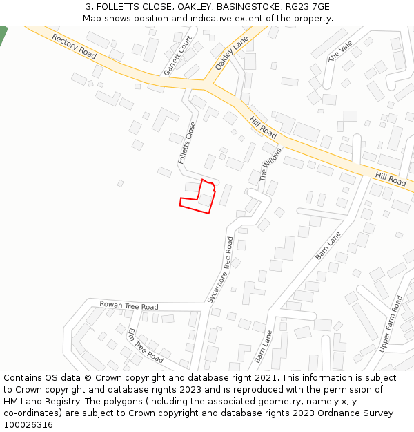 3, FOLLETTS CLOSE, OAKLEY, BASINGSTOKE, RG23 7GE: Location map and indicative extent of plot