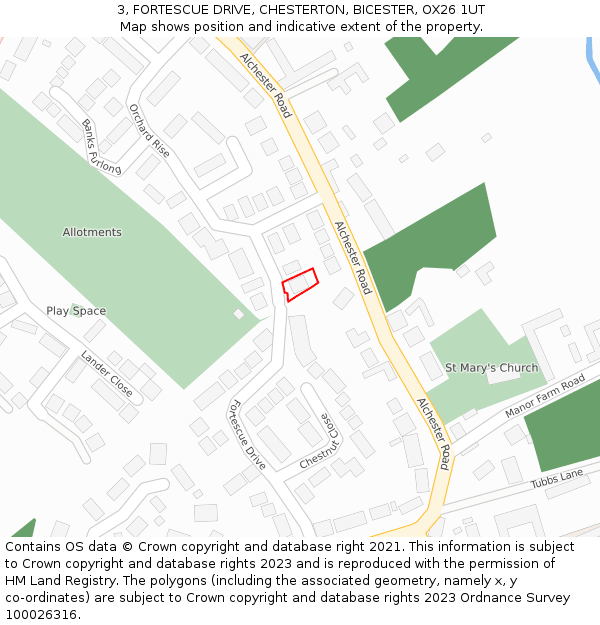 3, FORTESCUE DRIVE, CHESTERTON, BICESTER, OX26 1UT: Location map and indicative extent of plot