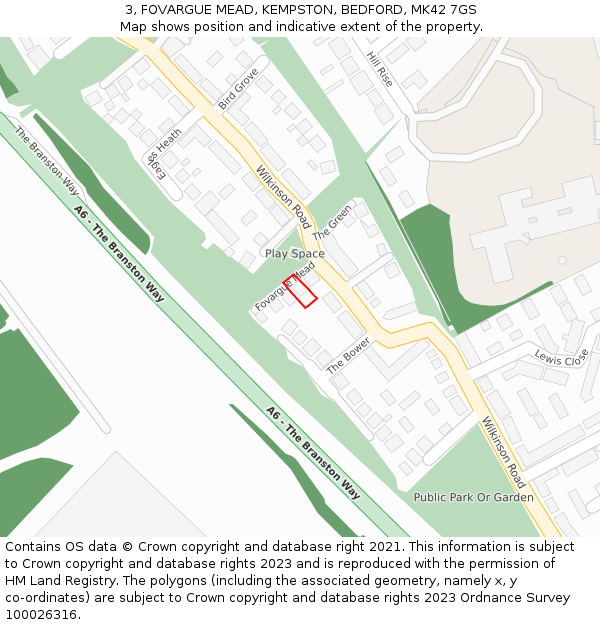 3, FOVARGUE MEAD, KEMPSTON, BEDFORD, MK42 7GS: Location map and indicative extent of plot