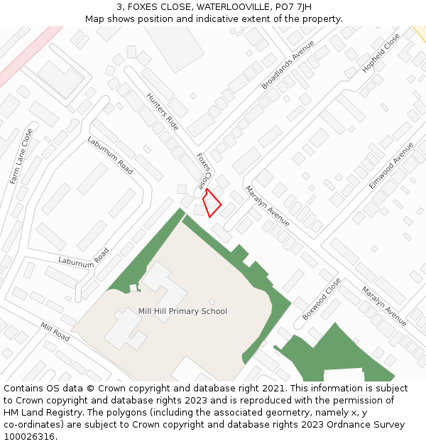 3, FOXES CLOSE, WATERLOOVILLE, PO7 7JH: Location map and indicative extent of plot