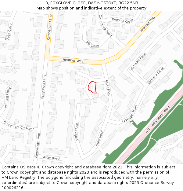 3, FOXGLOVE CLOSE, BASINGSTOKE, RG22 5NR: Location map and indicative extent of plot