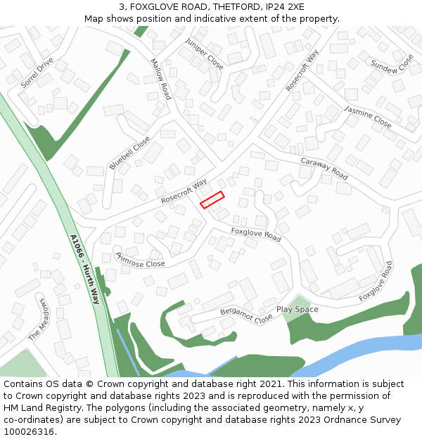 3, FOXGLOVE ROAD, THETFORD, IP24 2XE: Location map and indicative extent of plot
