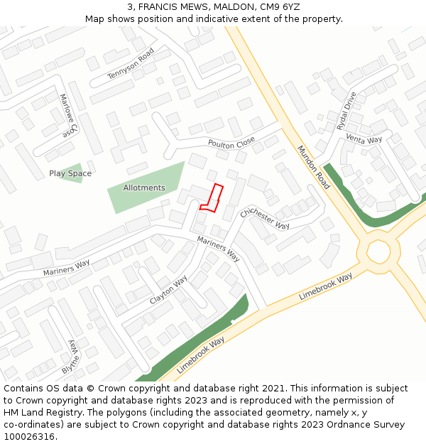 3, FRANCIS MEWS, MALDON, CM9 6YZ: Location map and indicative extent of plot