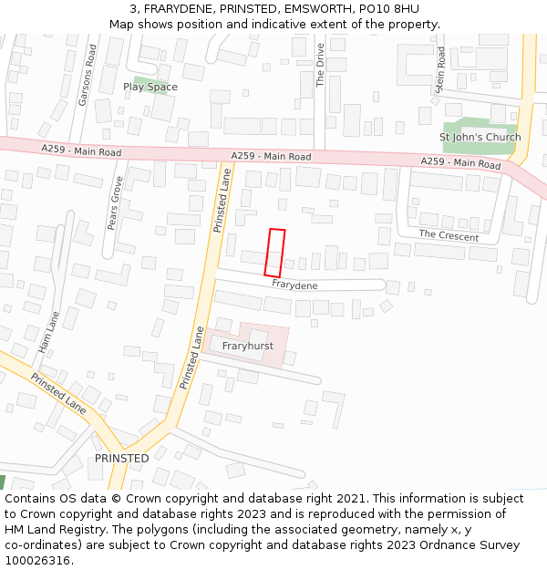 3, FRARYDENE, PRINSTED, EMSWORTH, PO10 8HU: Location map and indicative extent of plot