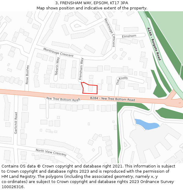 3, FRENSHAM WAY, EPSOM, KT17 3PA: Location map and indicative extent of plot