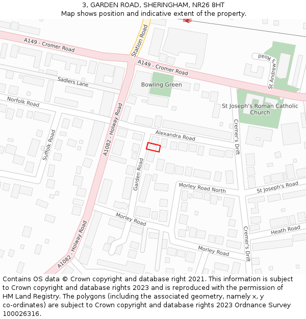 3, GARDEN ROAD, SHERINGHAM, NR26 8HT: Location map and indicative extent of plot