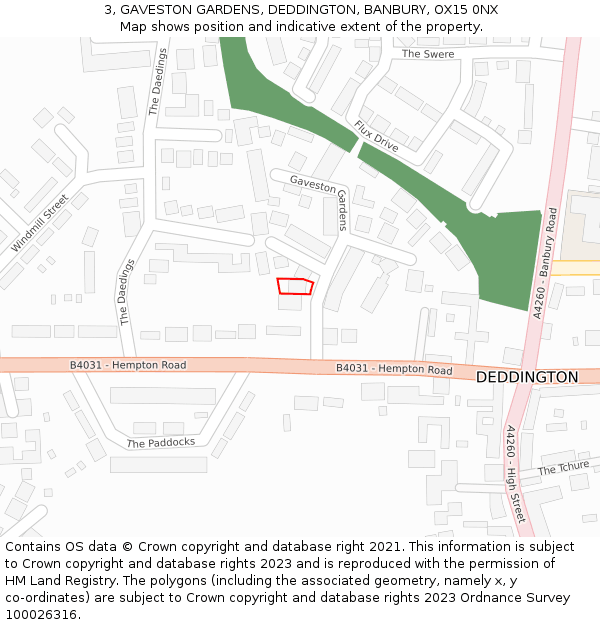 3, GAVESTON GARDENS, DEDDINGTON, BANBURY, OX15 0NX: Location map and indicative extent of plot