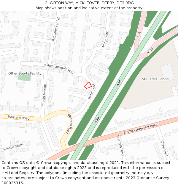 3, GIRTON WAY, MICKLEOVER, DERBY, DE3 9DG: Location map and indicative extent of plot
