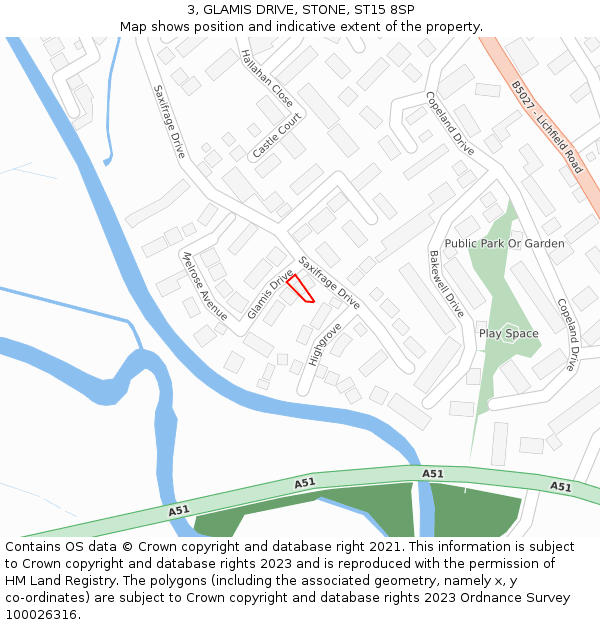 3, GLAMIS DRIVE, STONE, ST15 8SP: Location map and indicative extent of plot