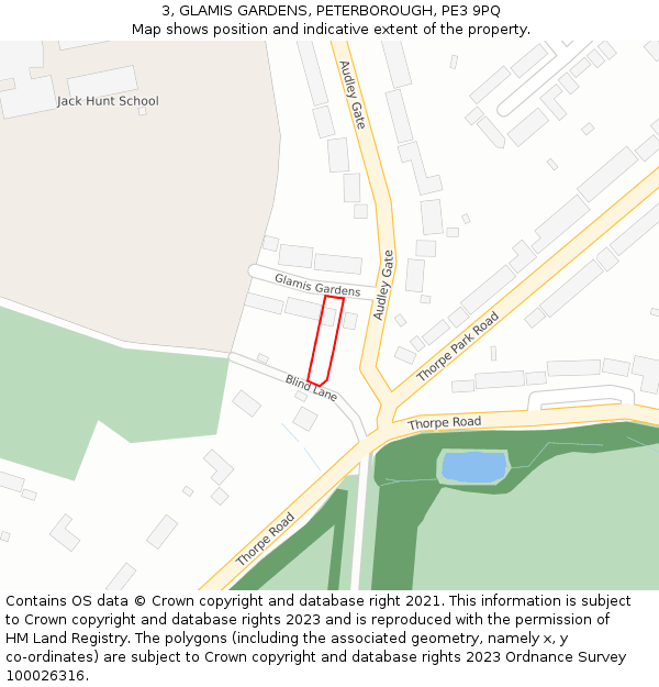3, GLAMIS GARDENS, PETERBOROUGH, PE3 9PQ: Location map and indicative extent of plot
