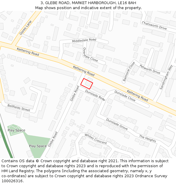 3, GLEBE ROAD, MARKET HARBOROUGH, LE16 8AH: Location map and indicative extent of plot