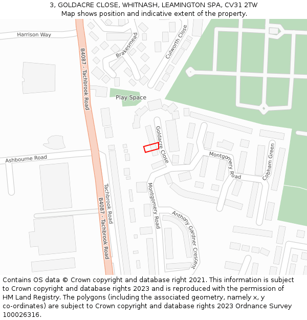 3, GOLDACRE CLOSE, WHITNASH, LEAMINGTON SPA, CV31 2TW: Location map and indicative extent of plot