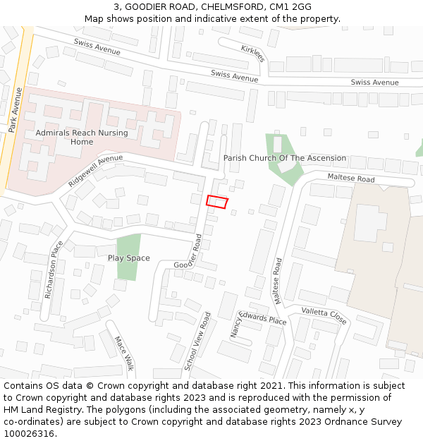 3, GOODIER ROAD, CHELMSFORD, CM1 2GG: Location map and indicative extent of plot