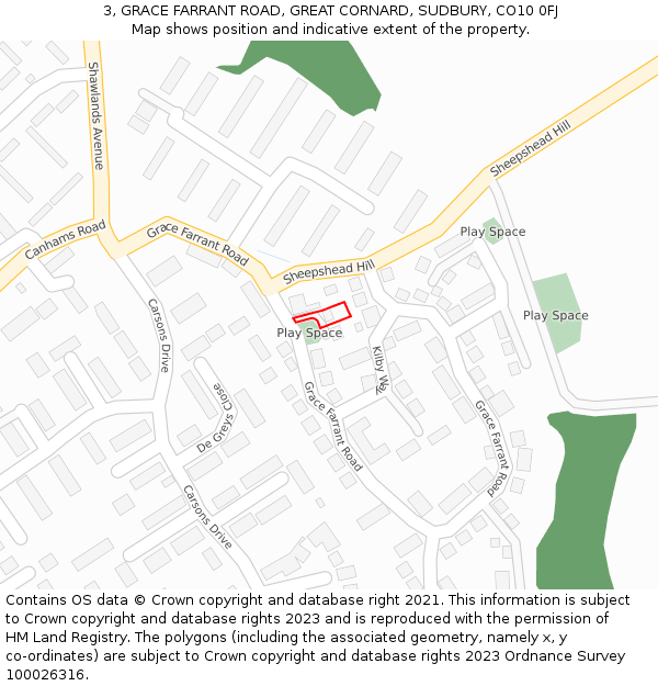 3, GRACE FARRANT ROAD, GREAT CORNARD, SUDBURY, CO10 0FJ: Location map and indicative extent of plot