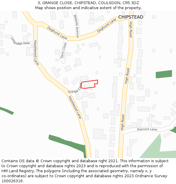 3, GRANGE CLOSE, CHIPSTEAD, COULSDON, CR5 3DZ: Location map and indicative extent of plot