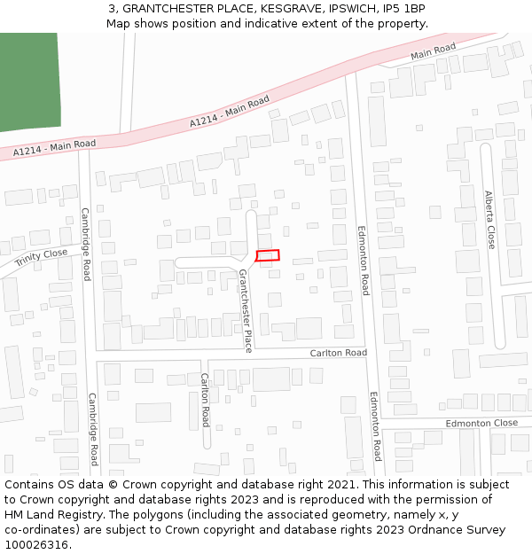 3, GRANTCHESTER PLACE, KESGRAVE, IPSWICH, IP5 1BP: Location map and indicative extent of plot