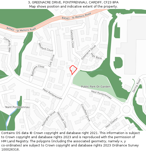 3, GREENACRE DRIVE, PONTPRENNAU, CARDIFF, CF23 8PA: Location map and indicative extent of plot