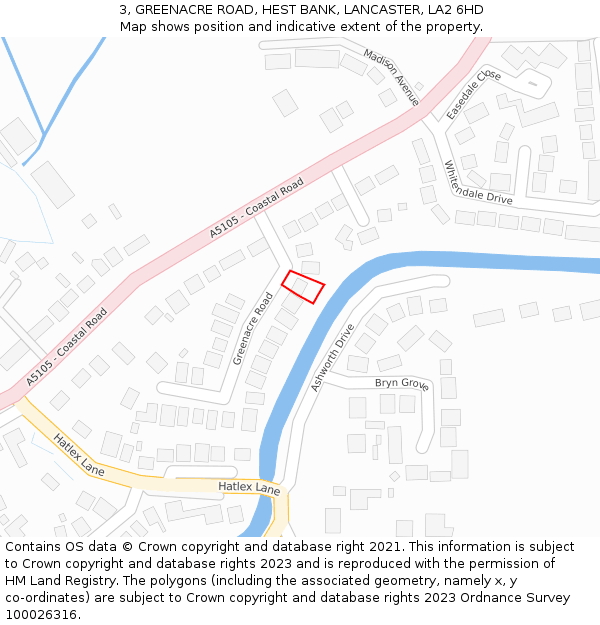 3, GREENACRE ROAD, HEST BANK, LANCASTER, LA2 6HD: Location map and indicative extent of plot