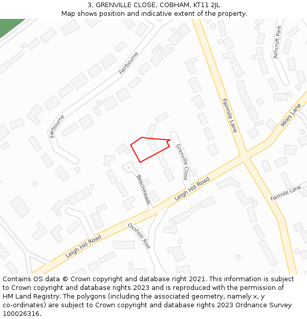 3, GRENVILLE CLOSE, COBHAM, KT11 2JL: Location map and indicative extent of plot