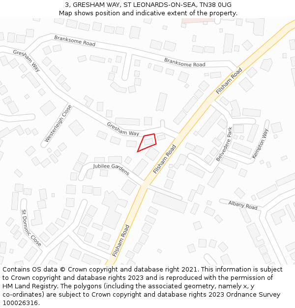 3, GRESHAM WAY, ST LEONARDS-ON-SEA, TN38 0UG: Location map and indicative extent of plot