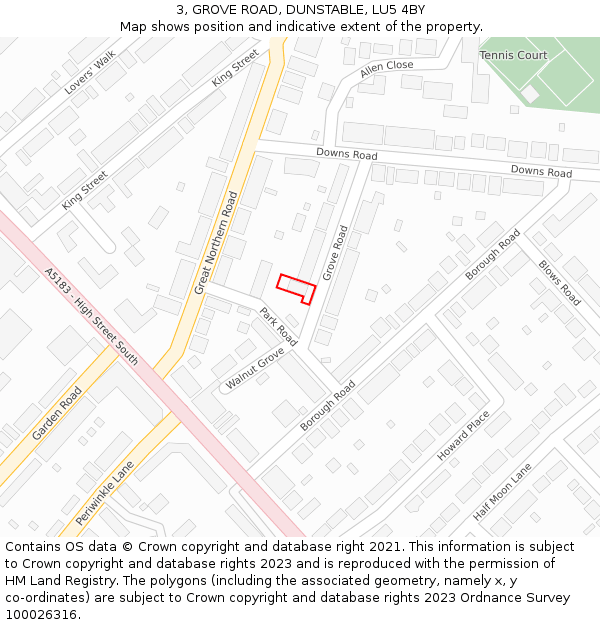 3, GROVE ROAD, DUNSTABLE, LU5 4BY: Location map and indicative extent of plot