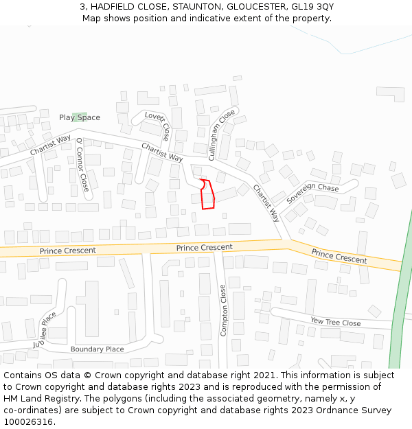 3, HADFIELD CLOSE, STAUNTON, GLOUCESTER, GL19 3QY: Location map and indicative extent of plot