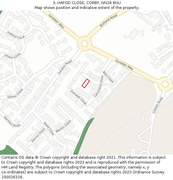 3, HAFOD CLOSE, CORBY, NN18 8NU: Location map and indicative extent of plot