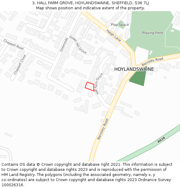3, HALL FARM GROVE, HOYLANDSWAINE, SHEFFIELD, S36 7LJ: Location map and indicative extent of plot