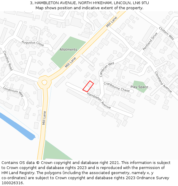 3, HAMBLETON AVENUE, NORTH HYKEHAM, LINCOLN, LN6 9TU: Location map and indicative extent of plot