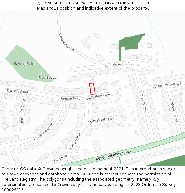 3, HAMPSHIRE CLOSE, WILPSHIRE, BLACKBURN, BB1 9LU: Location map and indicative extent of plot