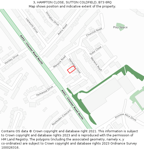 3, HAMPTON CLOSE, SUTTON COLDFIELD, B73 6RQ: Location map and indicative extent of plot