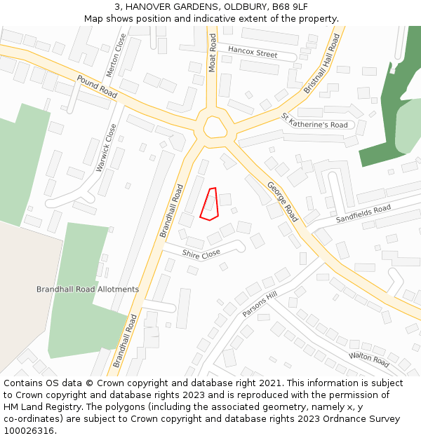 3, HANOVER GARDENS, OLDBURY, B68 9LF: Location map and indicative extent of plot