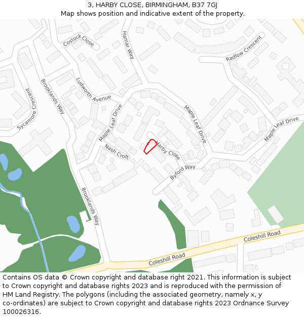 3, HARBY CLOSE, BIRMINGHAM, B37 7GJ: Location map and indicative extent of plot