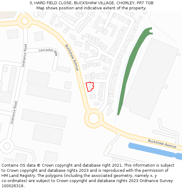 3, HARD FIELD CLOSE, BUCKSHAW VILLAGE, CHORLEY, PR7 7GB: Location map and indicative extent of plot