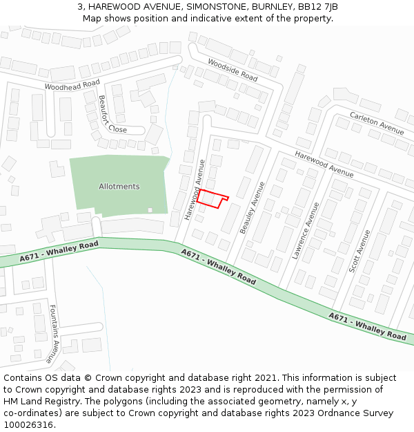 3, HAREWOOD AVENUE, SIMONSTONE, BURNLEY, BB12 7JB: Location map and indicative extent of plot
