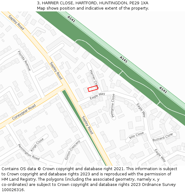 3, HARRIER CLOSE, HARTFORD, HUNTINGDON, PE29 1XA: Location map and indicative extent of plot