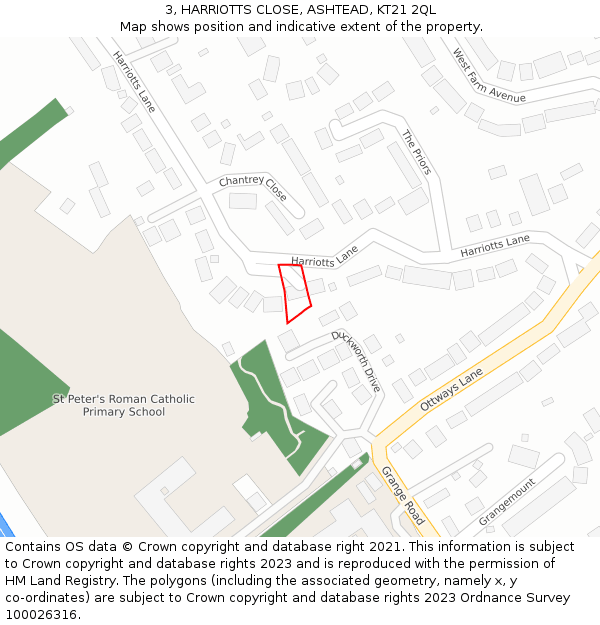 3, HARRIOTTS CLOSE, ASHTEAD, KT21 2QL: Location map and indicative extent of plot
