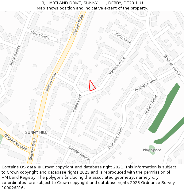 3, HARTLAND DRIVE, SUNNYHILL, DERBY, DE23 1LU: Location map and indicative extent of plot