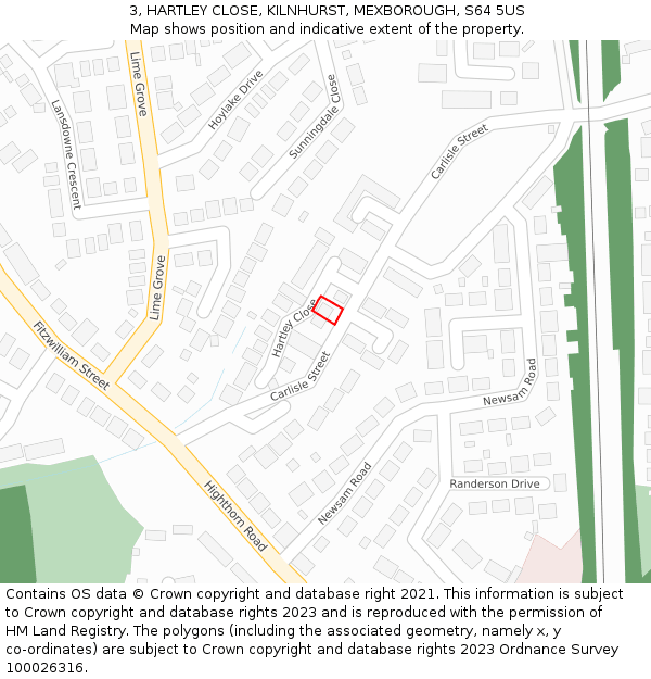3, HARTLEY CLOSE, KILNHURST, MEXBOROUGH, S64 5US: Location map and indicative extent of plot
