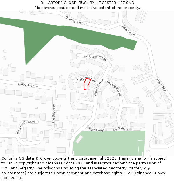3, HARTOPP CLOSE, BUSHBY, LEICESTER, LE7 9ND: Location map and indicative extent of plot
