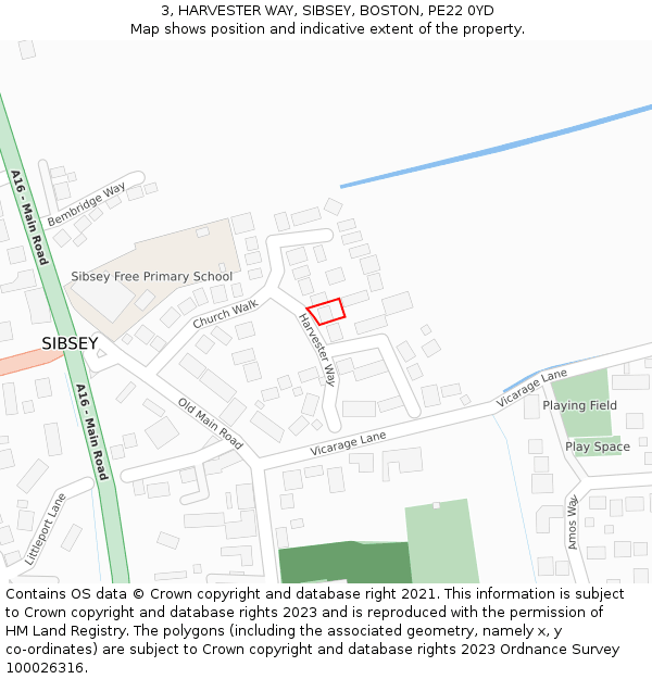 3, HARVESTER WAY, SIBSEY, BOSTON, PE22 0YD: Location map and indicative extent of plot