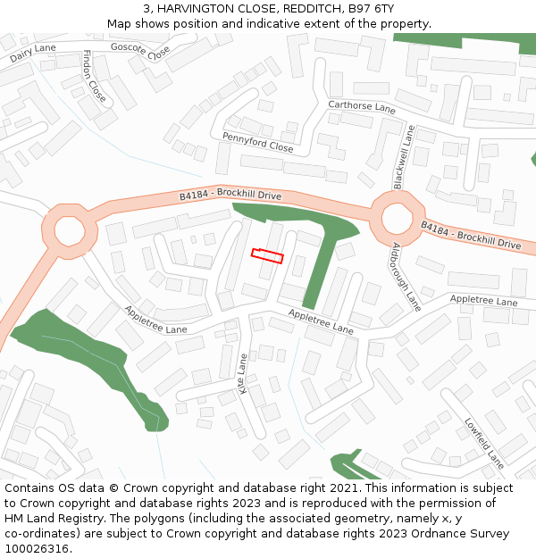 3, HARVINGTON CLOSE, REDDITCH, B97 6TY: Location map and indicative extent of plot