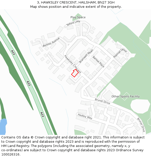 3, HAWKSLEY CRESCENT, HAILSHAM, BN27 3GH: Location map and indicative extent of plot