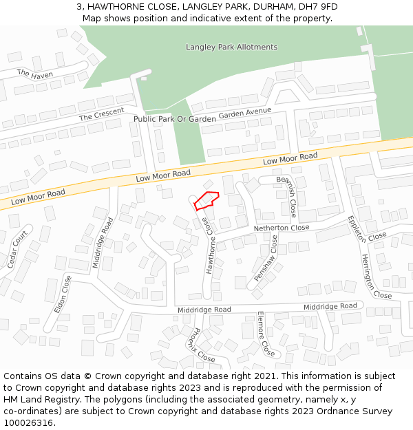 3, HAWTHORNE CLOSE, LANGLEY PARK, DURHAM, DH7 9FD: Location map and indicative extent of plot