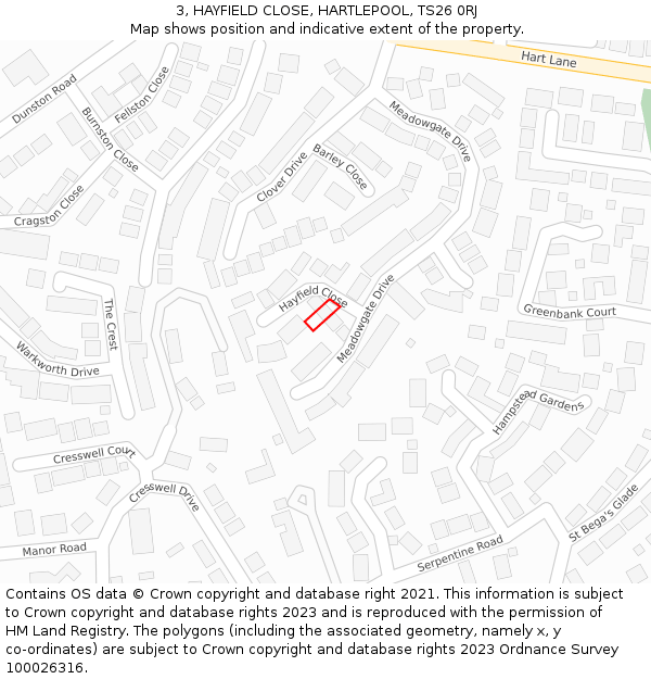 3, HAYFIELD CLOSE, HARTLEPOOL, TS26 0RJ: Location map and indicative extent of plot