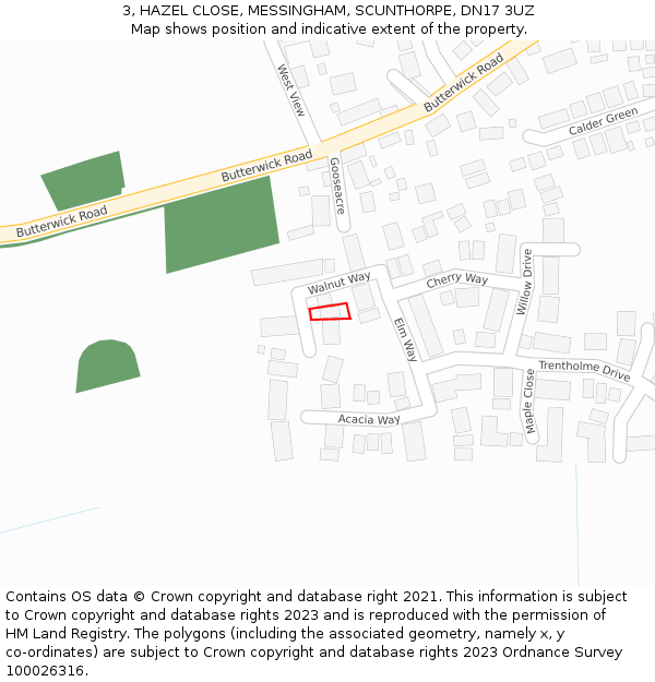 3, HAZEL CLOSE, MESSINGHAM, SCUNTHORPE, DN17 3UZ: Location map and indicative extent of plot