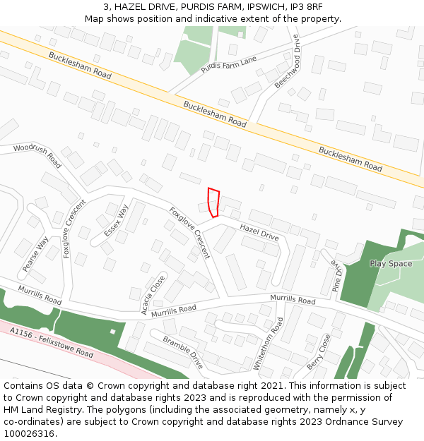 3, HAZEL DRIVE, PURDIS FARM, IPSWICH, IP3 8RF: Location map and indicative extent of plot
